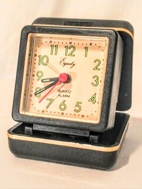 Vintage Equity Travel Alarm Clock - Folding Case, Glow N Dark, Works Great